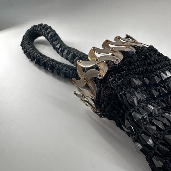 Vintage Black Beaded Evening Purse with Bike Chain Strap Accent Y2K Goth - Picture 7 of 9